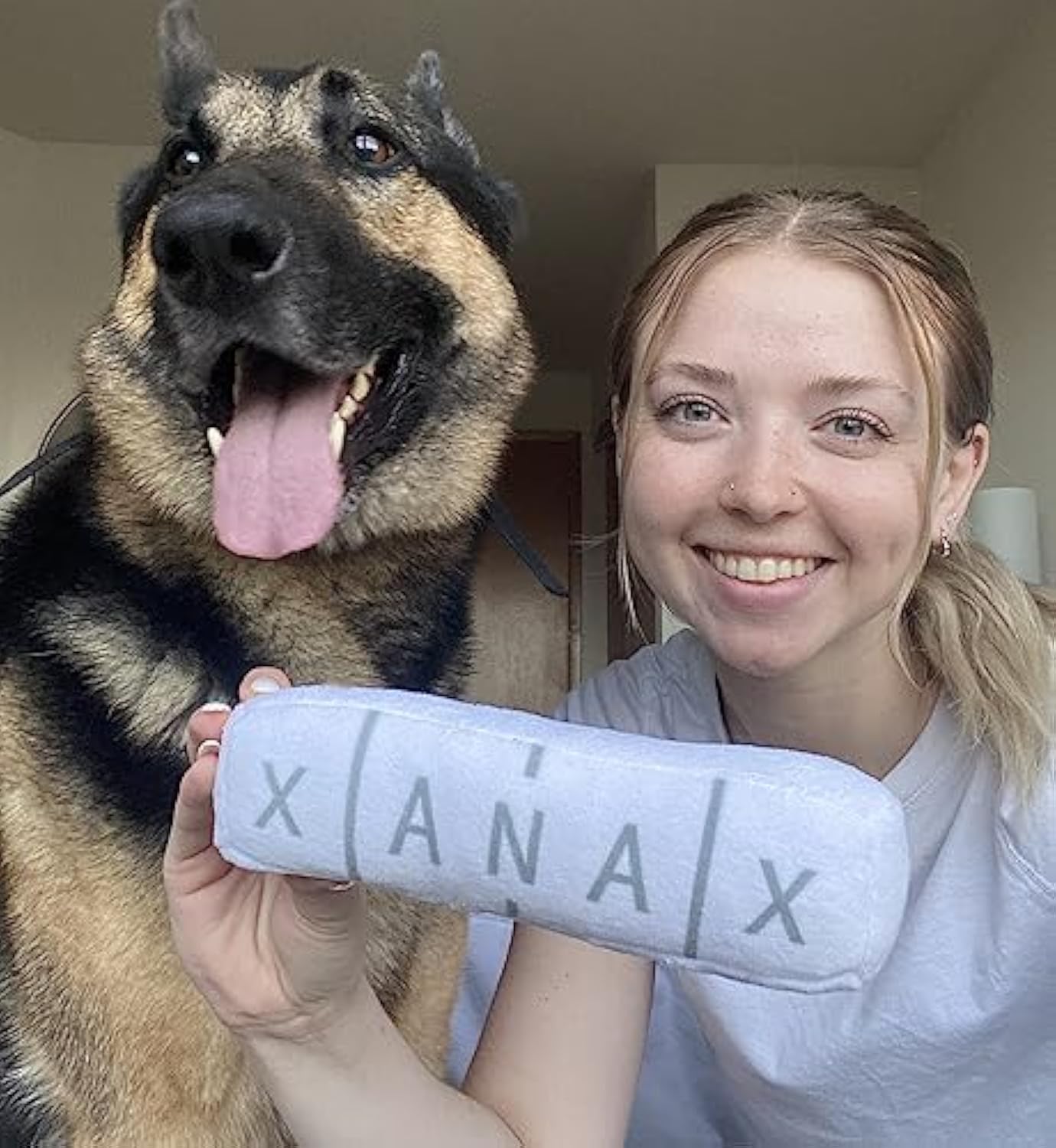 Funny Dog Toy – Parody Plush Squeaky & Crinkle Toy (XANAX Plushform)🐾