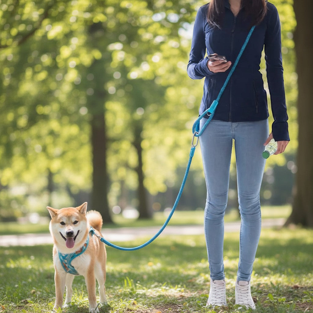 FURRYKU blue nylon hands-free dog leash worn crossbody by a person walking a dog. Adjustable lead for waist or crossbody wear.