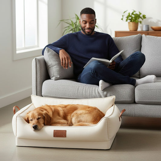 FURRYKU cream orthopedic dog kennel with natural latex padding and waterproof exterior. Features leather handles.