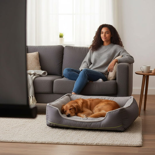 FURRYKU grey plush dog sofa bed with raised edges and soft cushioning, perfect for dogs who love couches.