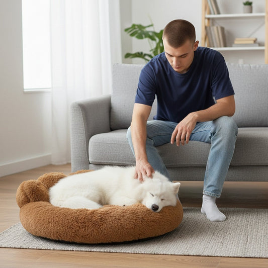 FURRYKU plush brown dog bed with paw-shaped bolster for ultimate comfort and warmth.