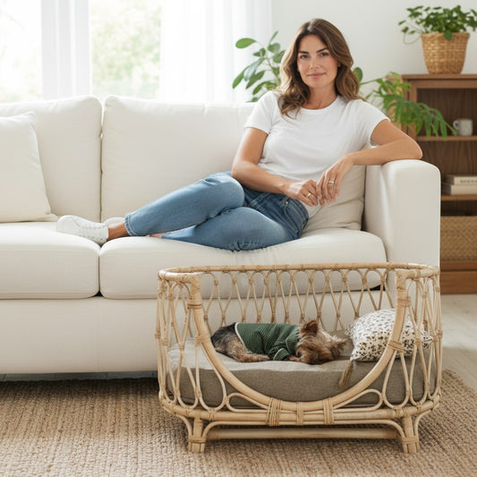 FURRYKU handmade natural rattan dog bed sofa with grey cushion and floral pillow, featuring woven detailing and a small dog resting.
