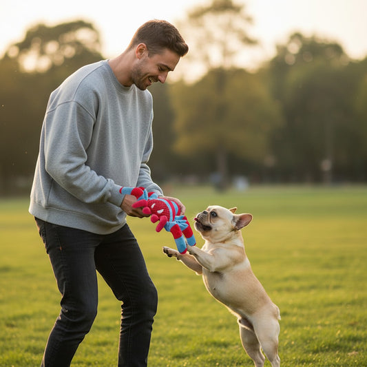 FURRYKU Teddy Spider Dog Toy, red and blue, bite-resistant fabric with squeaker for dental cleaning and anxiety relief.
