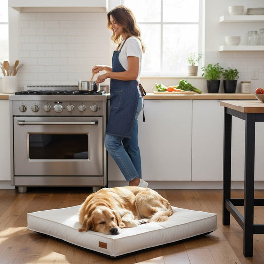 FURRYKU white waterproof memory foam pet bed with orthopaedic support and non-slip base.