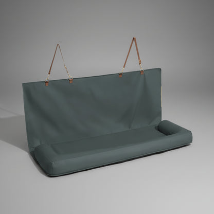 Dark green hanging bench with brown straps on a white background
