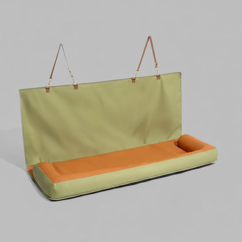 Green and orange hanging bench on a white background