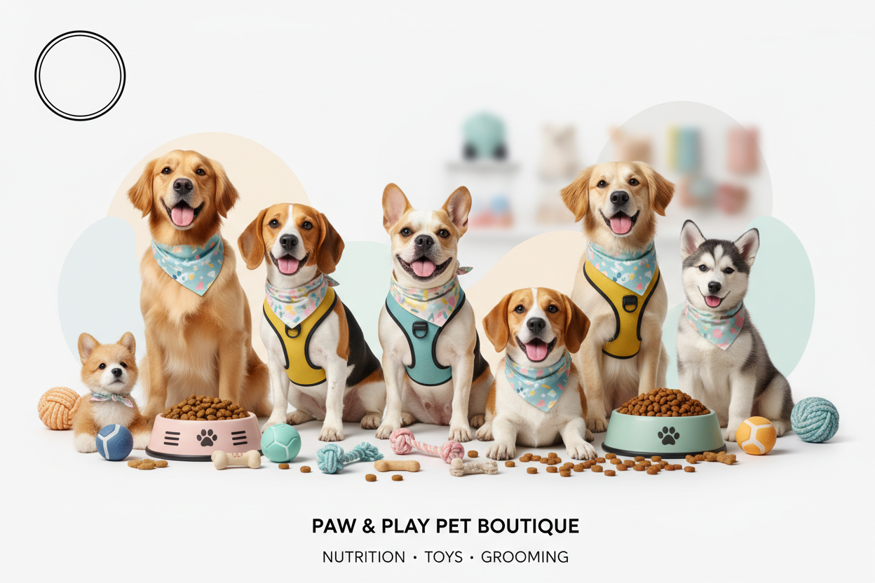 A wide shop of banner featuring adorable dogs of different brees, wearing bandanas, and harnesses, surrounded by dog toy, food bowlsand treats. Bright pastel colors, cosy and chearful atmosphere, soft lightning, clean background with space for shop logoand text, modern pet store aesthetic, high quality, detailed, professional banner design