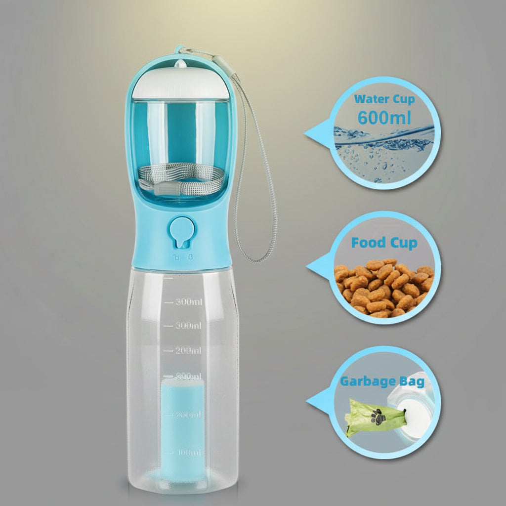 FURRYKU 3-in-1 Portable Dog Water Bottle | Travel Food & Waste