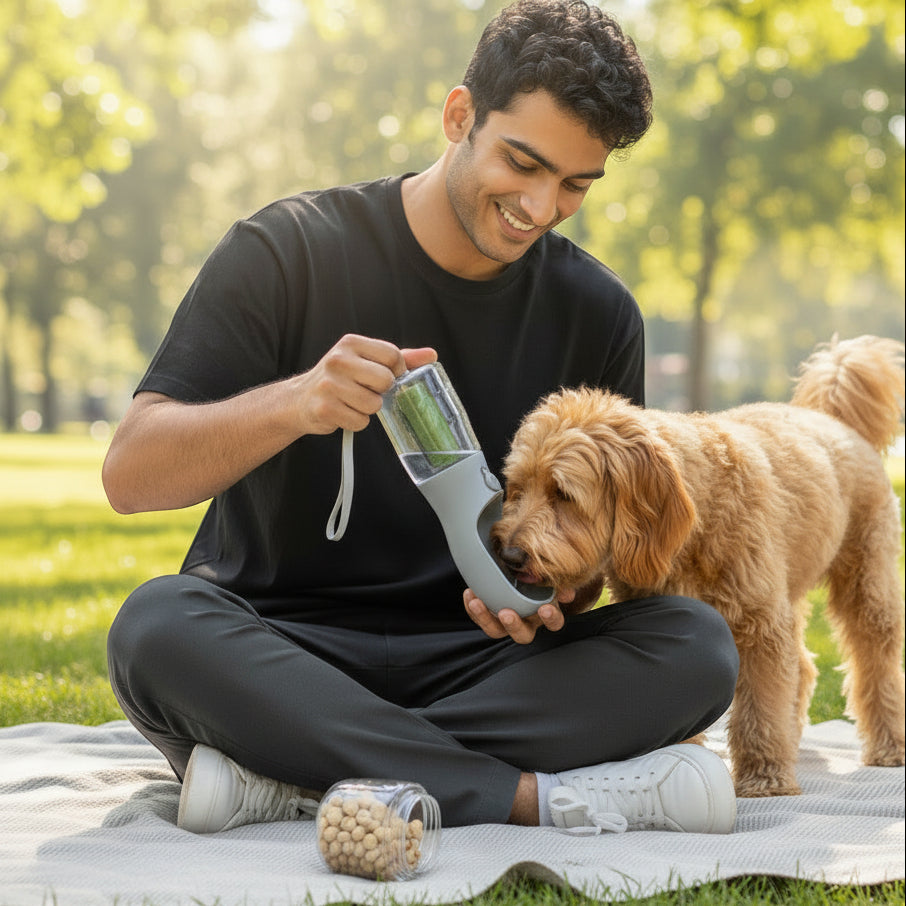 FURRYKU 3-in-1 portable dog water bottle and food container, grey and clear BPA-free plastic, with integrated trough and waste bag dispenser.