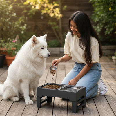 FURRYKU 3-in-1 adjustable elevated dog feeder in black, featuring a slow feeder bowl and an anti-spill water bowl.