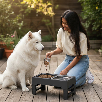 FURRYKU 3-in-1 adjustable elevated dog feeder in black, featuring a slow feeder bowl and an anti-spill water bowl.