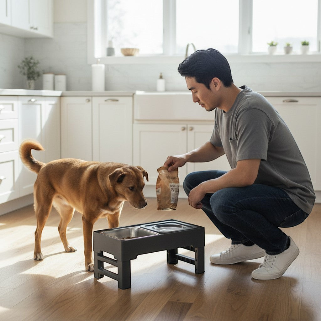 FURRYKU 3-in-1 adjustable elevated dog feeder with stainless steel slow feeder bowl and anti-spill water bowl in gray.