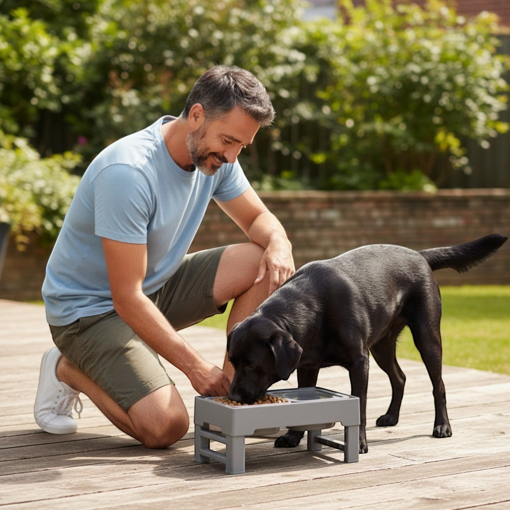 FURRYKU 3-in-1 adjustable elevated dog feeder in gray, with slow feeder and anti-spill water bowl. Features orthopedic support.