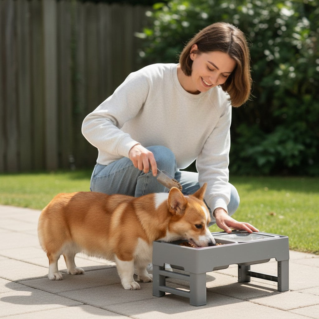 FURRYKU 3-in-1 adjustable grey elevated dog feeder with slow feeder and anti-spill water bowl.