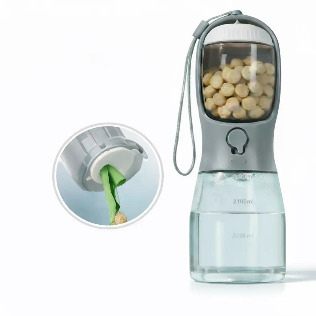 3-in-1 Portable Dog Water Bottle & Food Container | Leak-Proof Travel Cup with Waste Bag Dispenser - BPA Free Outdoor Pet Gear | Furryku FURRYKU