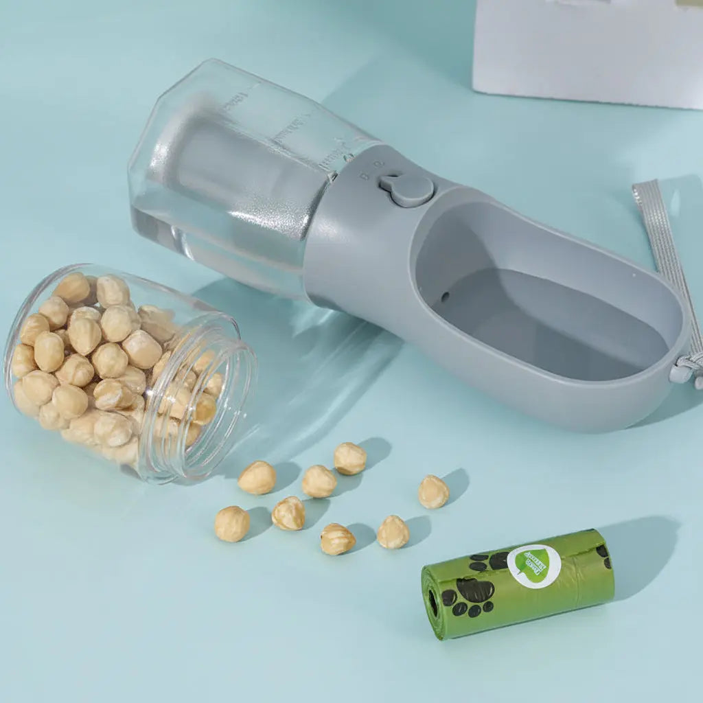 3-in-1 Portable Dog Water Bottle & Food Container | Leak-Proof Travel Cup with Waste Bag Dispenser - BPA Free Outdoor Pet Gear | Furryku FURRYKU