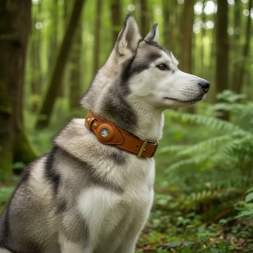 Furryku Genuine Leather Apple AirTag Dog Collar - Luxury Padded GPS Tracker Tracking Pet Collar - Brown, Black, Army Green - Sizes S-L FURRYKU