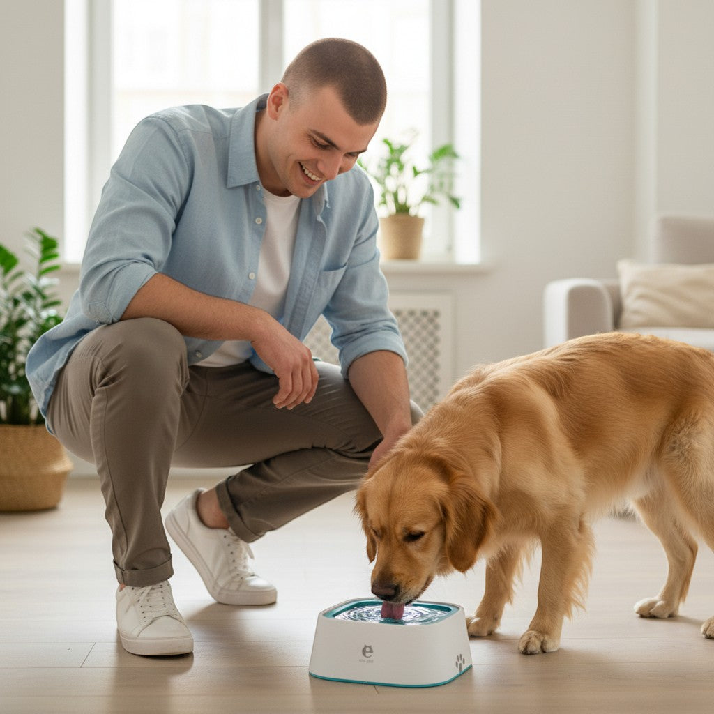 FURRYKU white and blue anti-spill dog water bowl with floating plate and paw print design.