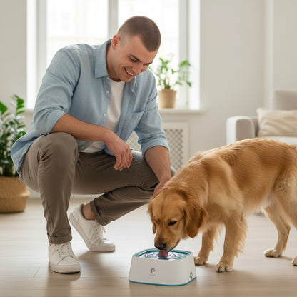 FURRYKU white and blue anti-spill dog water bowl with floating plate and paw print design.