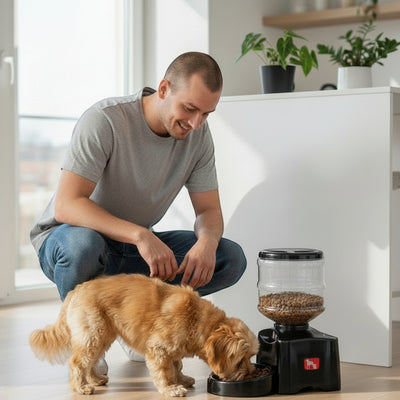 FURRYKU 5.5L automatic dog feeder in black ABS plastic with clear reservoir and LCD screen.
