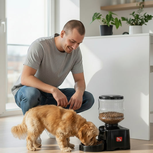 FURRYKU 5.5L automatic dog feeder in black ABS plastic with clear reservoir and LCD screen.