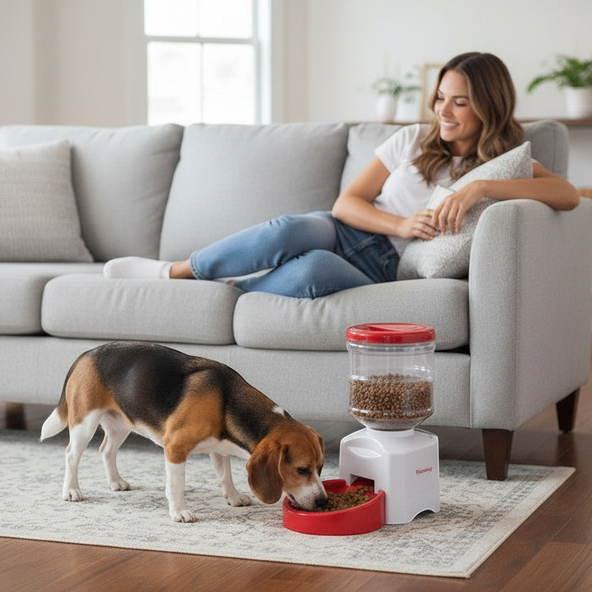 FURRYKU 5.5L automatic dog feeder in white with red bowl and lid, featuring LCD screen for meal scheduling and voice recording.