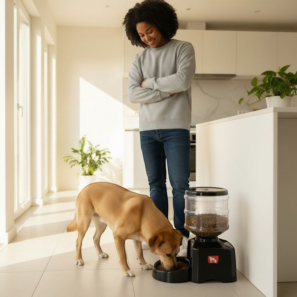 FURRYKU 5.5L automatic dog feeder in black, with clear reservoir filled with kibble, and a dog eating from the bowl.