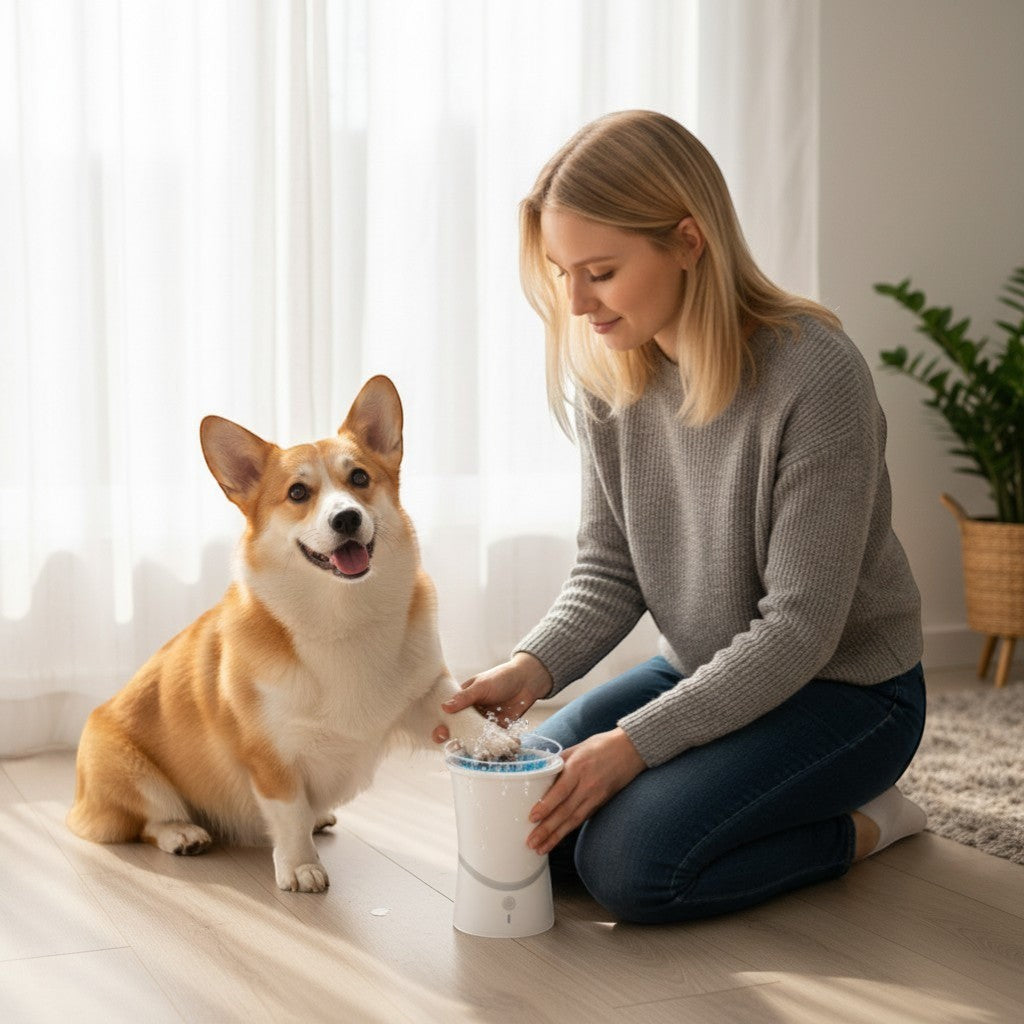 FURRYKU automatic electric dog paw cleaner with soft silicone bristles for gentle cleaning.