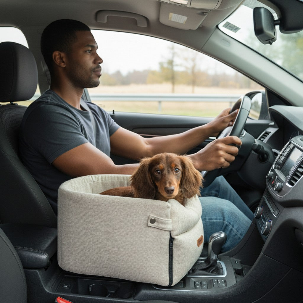 FURRYKU portable car seat bed for small dogs, made of beige canvas and suede, with orthopedic comfort.