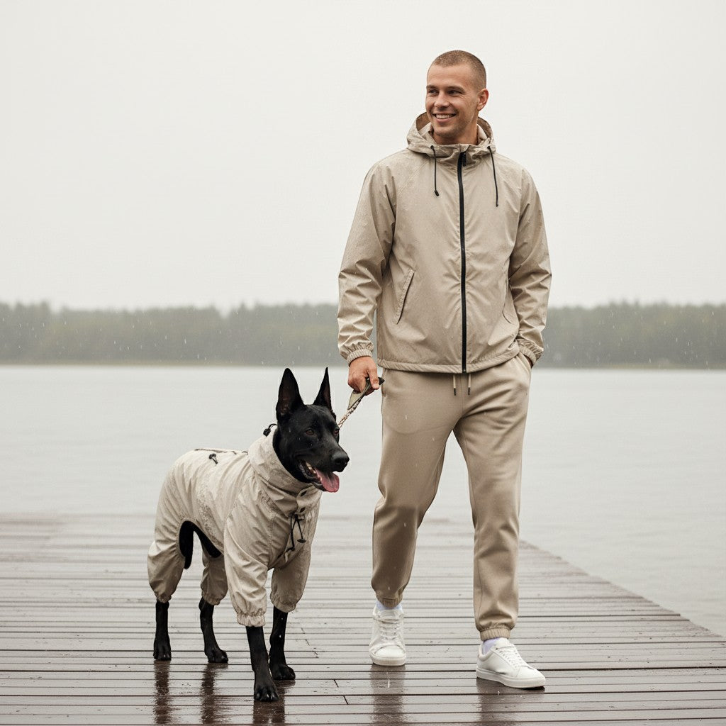 FURRYKU beige four-leg dog raincoat made of waterproof polyester with hood, ideal for active dogs in wet weather.