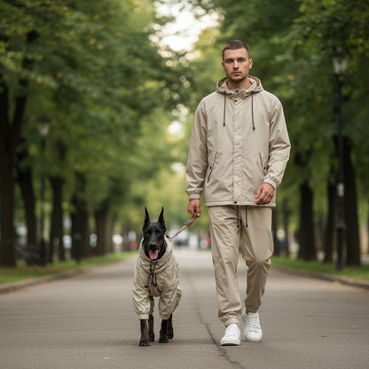 FURRYKU beige four-leg dog raincoat made of waterproof polyester with hood and adjustable drawstrings.