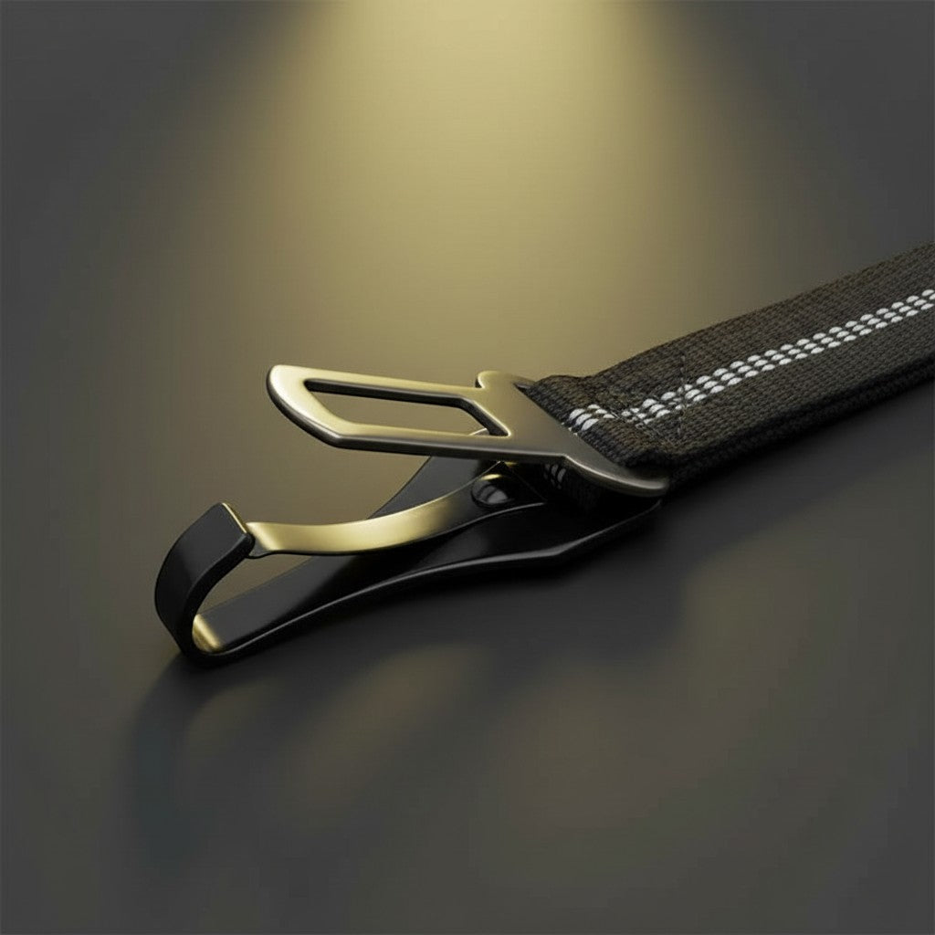 FURRYKU black adjustable dog car seat belt with zinc alloy buckle and reflective stitching.