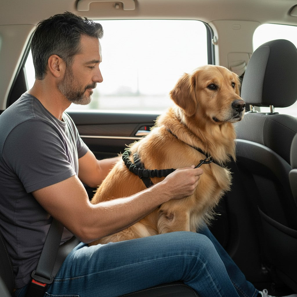 FURRYKU black elastic retractable dog seat belt with metal buckle and clasp for car safety.