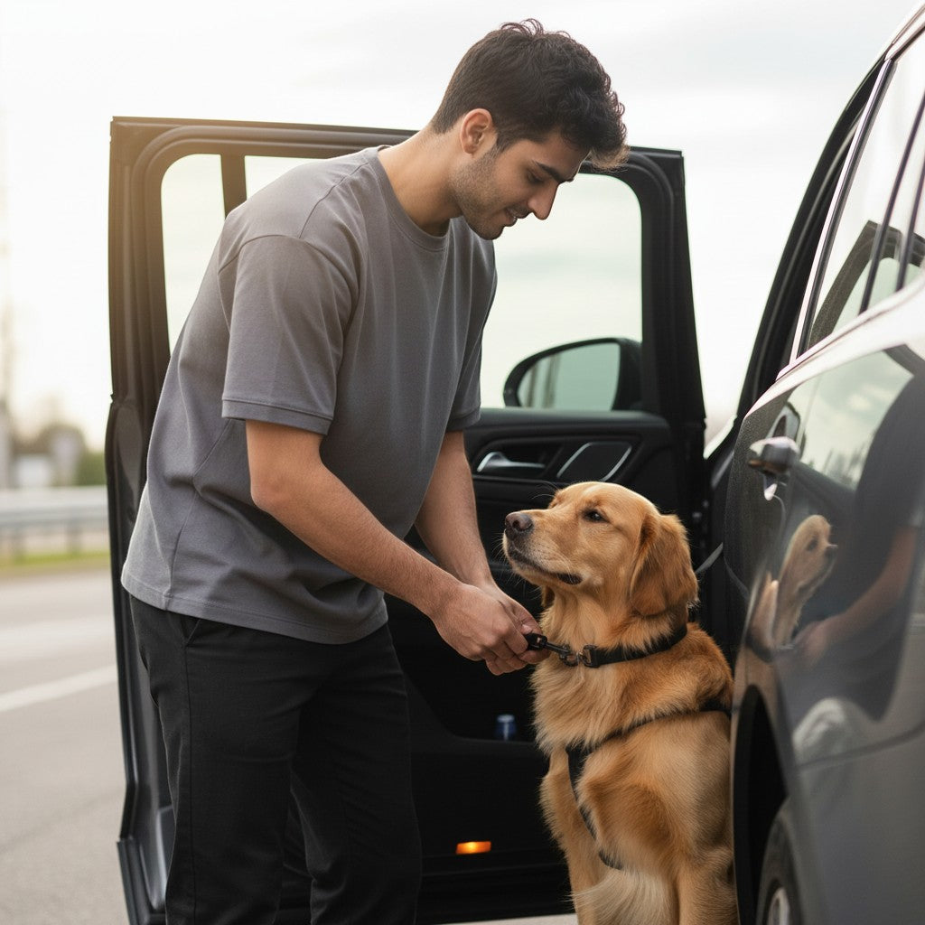 FURRYKU black elastic retractable dog seat belt with metal buckle and clasp for vehicle safety.
