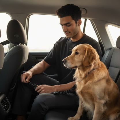 FURRYKU black elastic retractable dog seat belt with metal buckle and clasp for car safety.