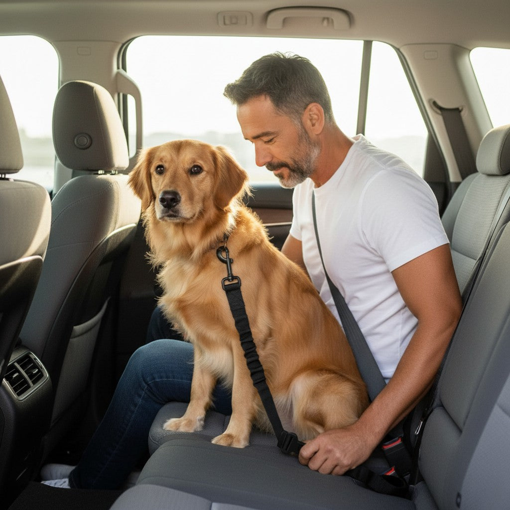 FURRYKU black elastic retractable dog seat belt with metal buckle and clasp for vehicle safety.