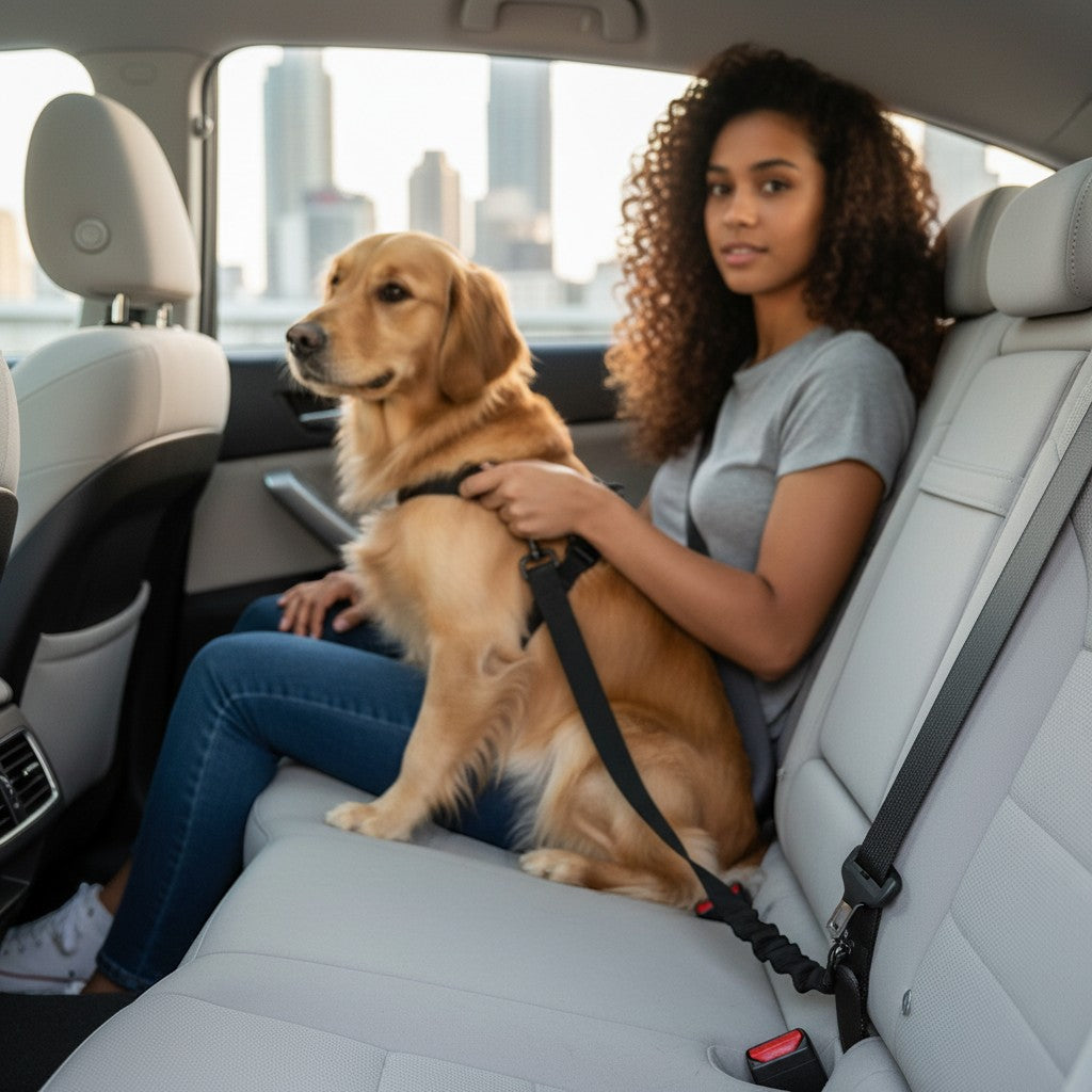 FURRYKU black elastic retractable dog seat belt with metal buckle and clasp for vehicle safety.