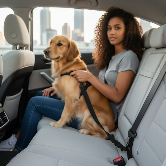 FURRYKU black elastic retractable dog seat belt with metal buckle and clasp for vehicle safety.
