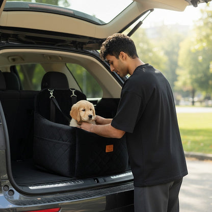 FURRYKU black quilted dog car seat with high walls and adjustable straps for small to medium dogs.
