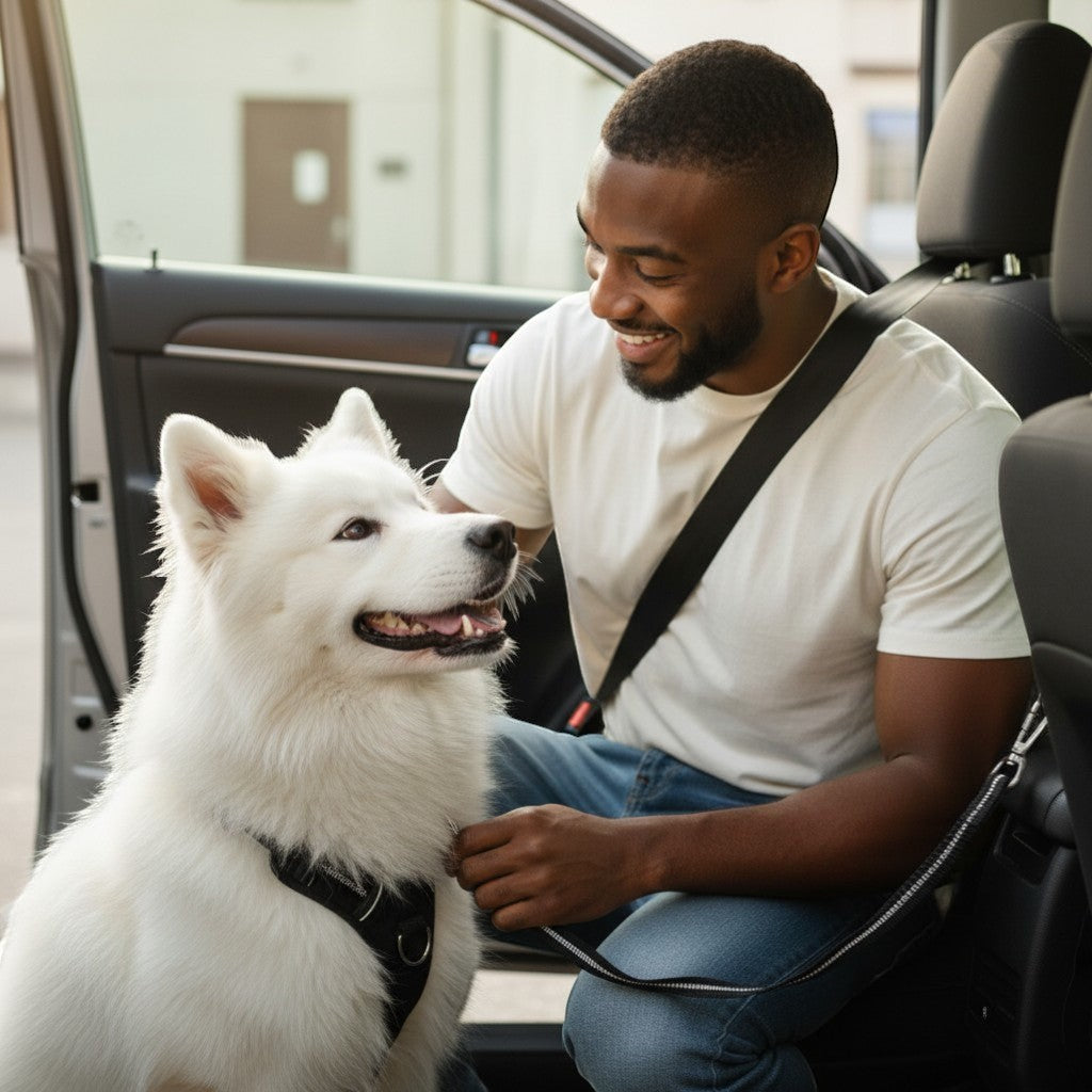 FURRYKU black adjustable dog car seat belt with elastic shock-absorption and reflective stitching.