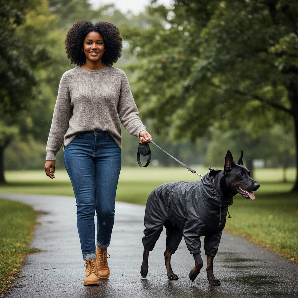 FURRYKU black four-leg dog raincoat made of waterproof polyester with adjustable hood and leg cuffs.