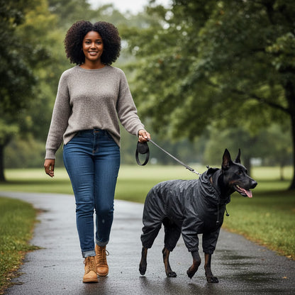 FURRYKU black four-leg dog raincoat made of waterproof polyester with adjustable hood and leg cuffs.