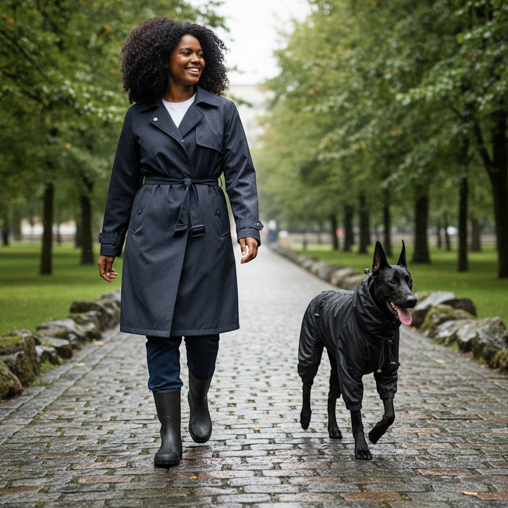 FURRYKU black four-leg dog raincoat made of waterproof polyester, with hood and adjustable drawstrings.