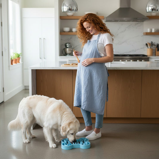 FURRYKU light blue bone-shaped silicone slow feeder puzzle bowl filled with dog kibble and treats.