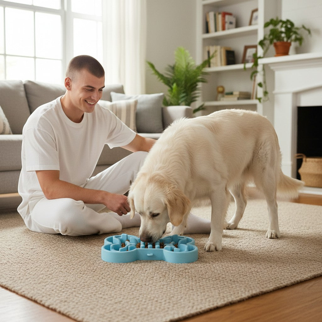 FURRYKU blue bone-shaped silicone slow feeder puzzle bowl with dog kibble and treats.