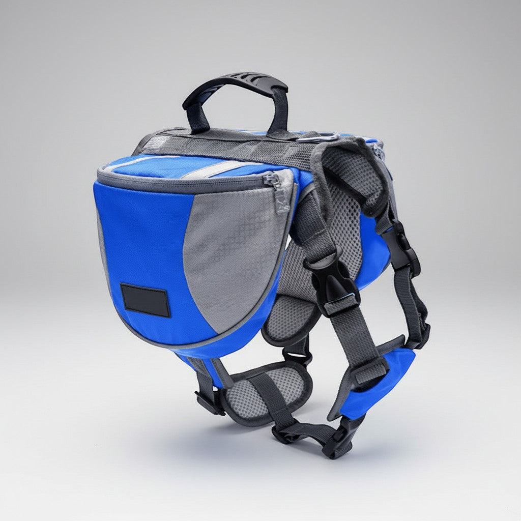 FURRYKU blue and grey adjustable dog hiking backpack with mesh padding and reflective trim.