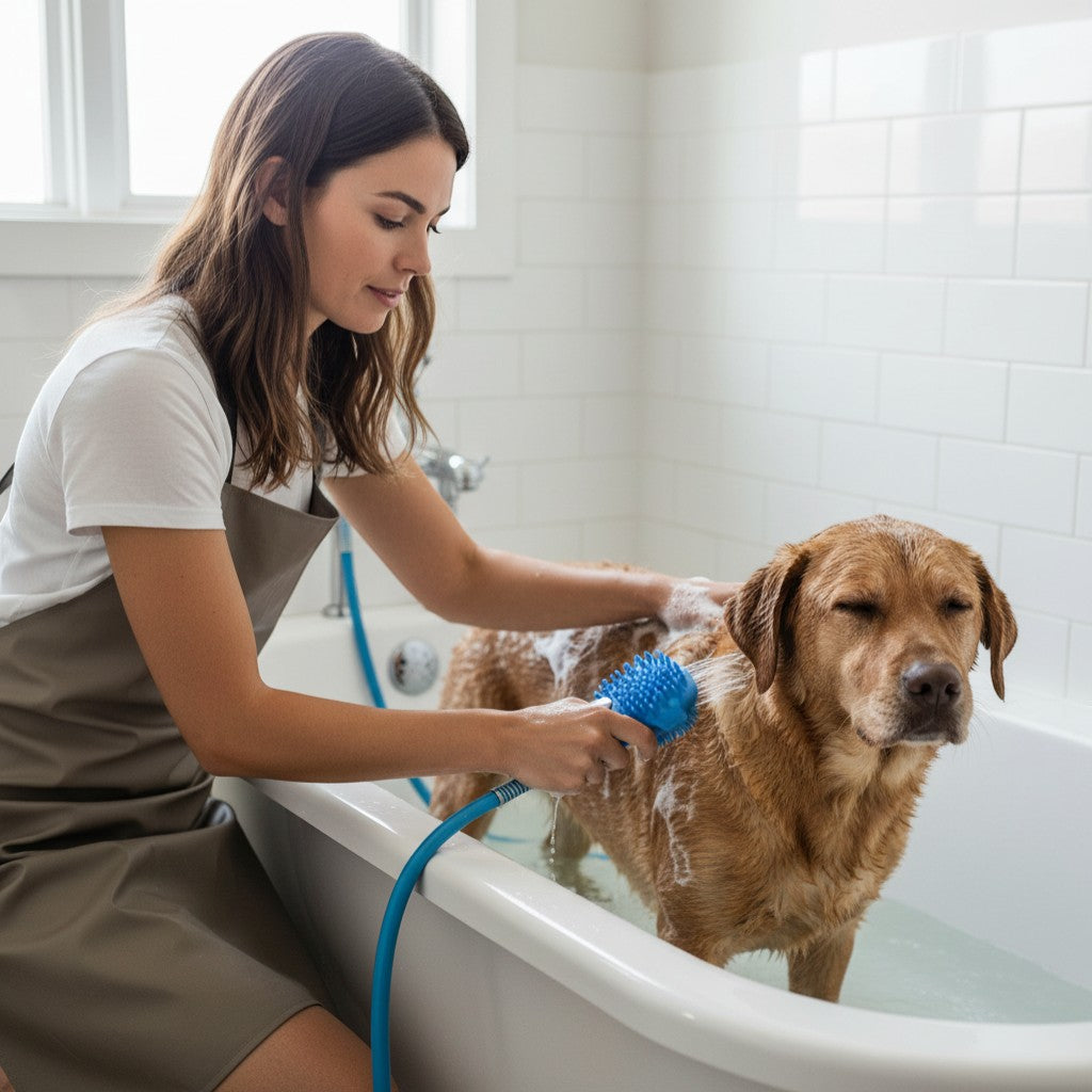 FURRYKU blue 2-in-1 dog shower brush with silicone bristles and integrated sprayer, attached to a hose.