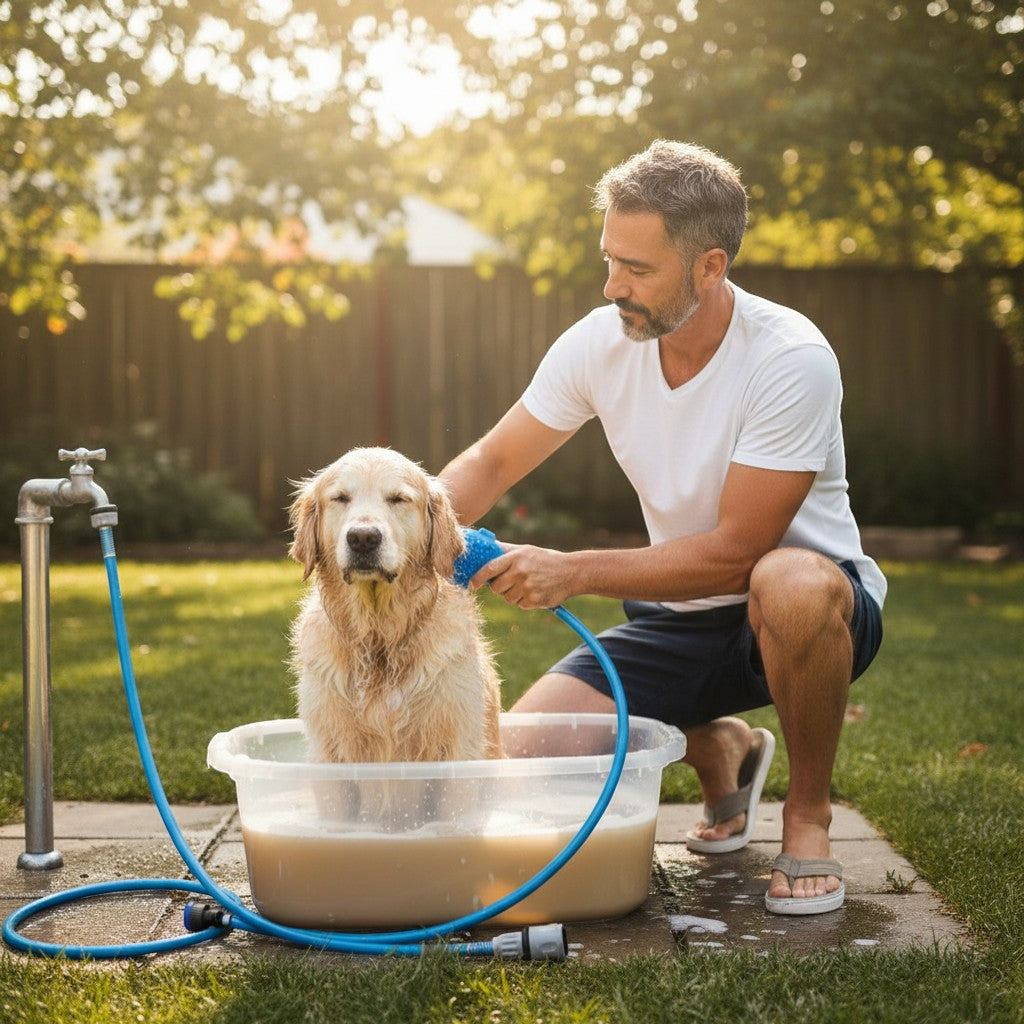 FURRYKU blue 2-in-1 dog shower brush with integrated water sprayer and silicone bristles, used for bathing a golden retriever.