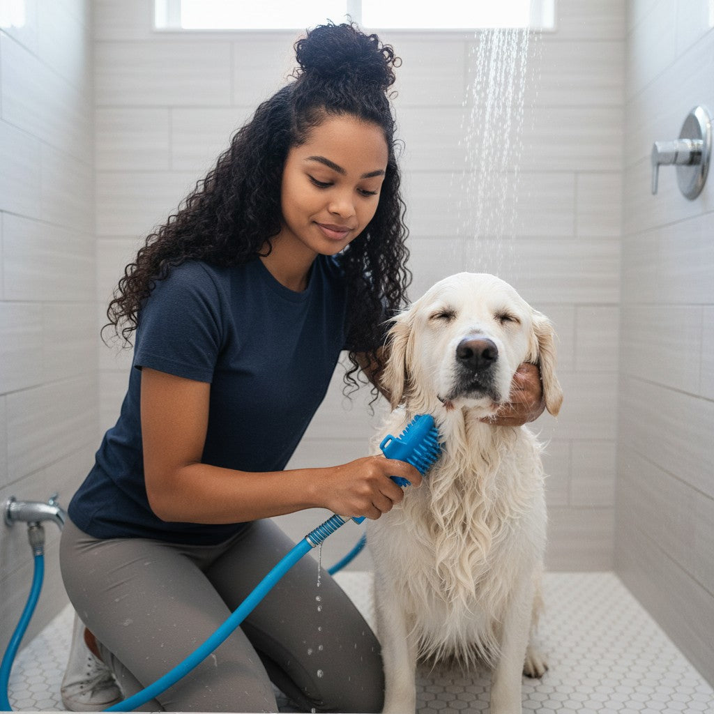 FURRYKU blue 2-in-1 dog shower brush with silicone bristles and integrated sprayer for pet bathing.