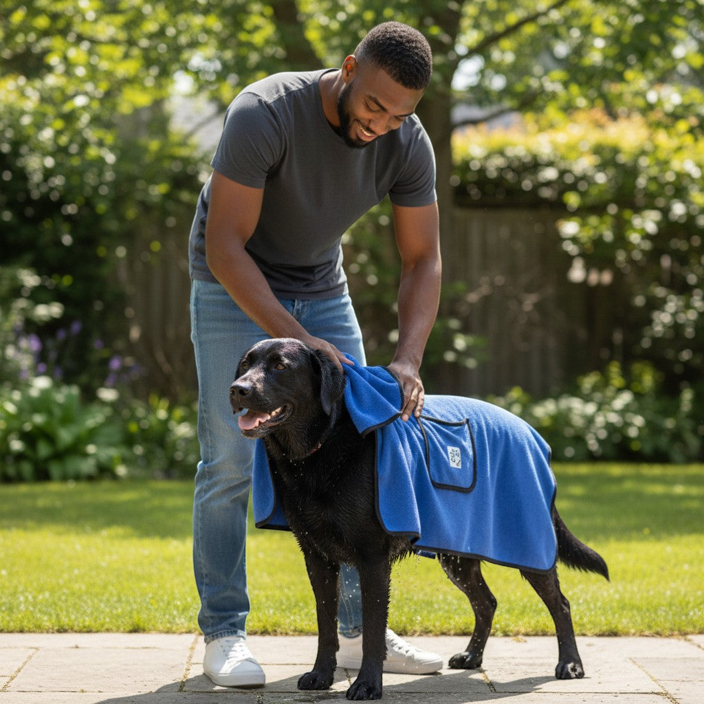 FURRYKU blue microfiber dog towel with pocket, quick-dry and super absorbent for post-bath use.